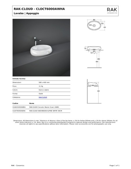Rak Cloud lavabo da appoggio ovale|Outlet della Mattonella